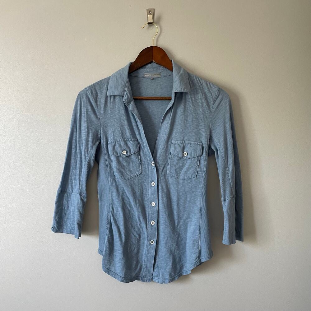 James Perse 100% Cotton Slub Contrast Panel Shirt Blue sz 1 (XS/S)